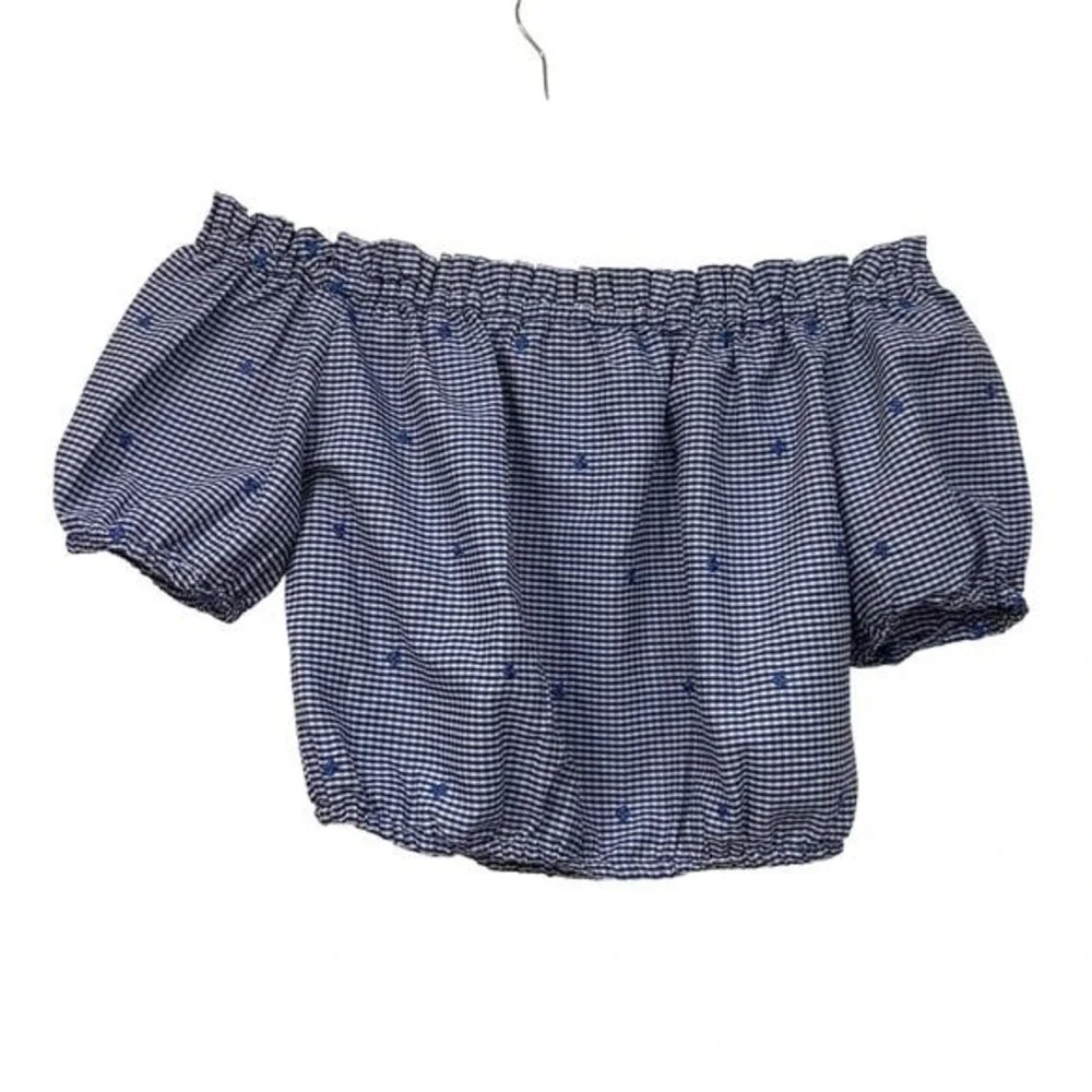 Alexis Gingham Embroidered Crop Top Size Small‎ Blouse Puff Short Sleeves - Picture 3 of 6
